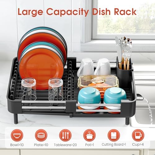 TOOLF Expandable Dish Drying Rack, Standard, Black
