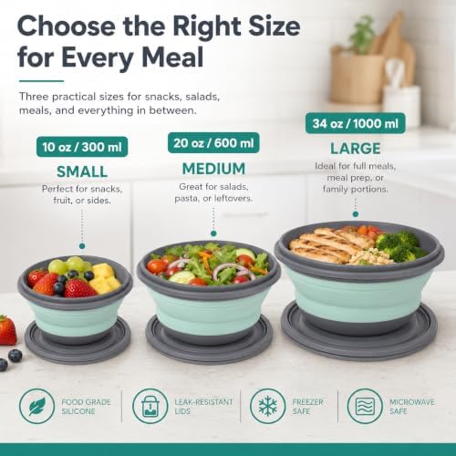 3-Piece Collapsible Silicone Bowls with Lids for Camping
