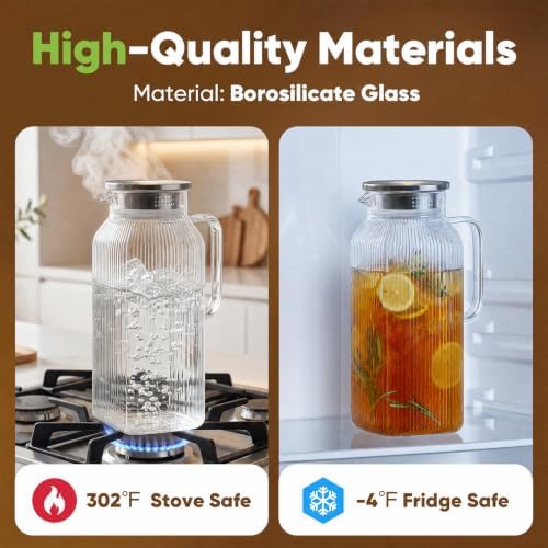 2 Pack Glass Pitcher with Lid, 68 oz Each, Square Striped Glass Water