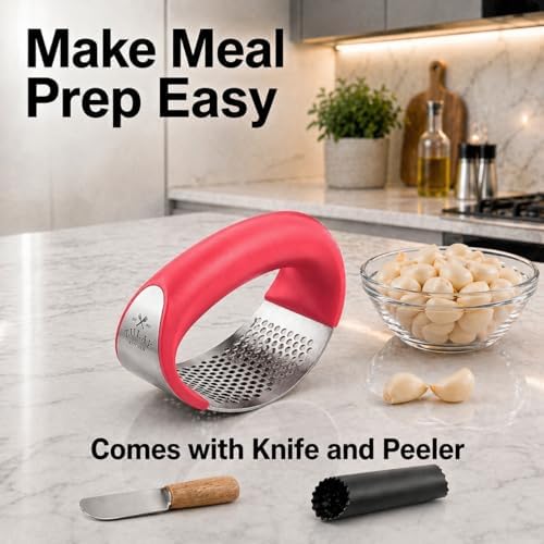 Zulay Kitchen Stainless Steel Garlic Press Rocker Set, Red