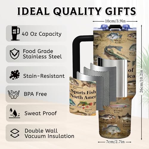 Fish Gifts for Dad, 40oz Tumbler with Handle and Straw, Fishing Gifts