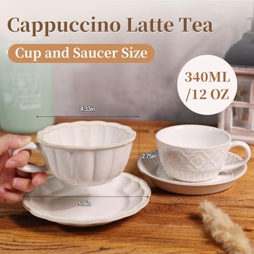 12 OZ Latte Cup with Saucer, Cappuccino Cup Vintage Cafe Art Cups for