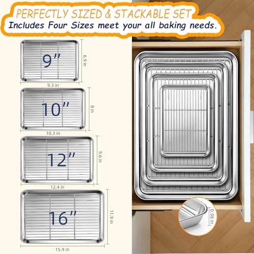 Baking Sheet Pan Set of 8, CEKEE Stainless Steel Cookie Sheets for