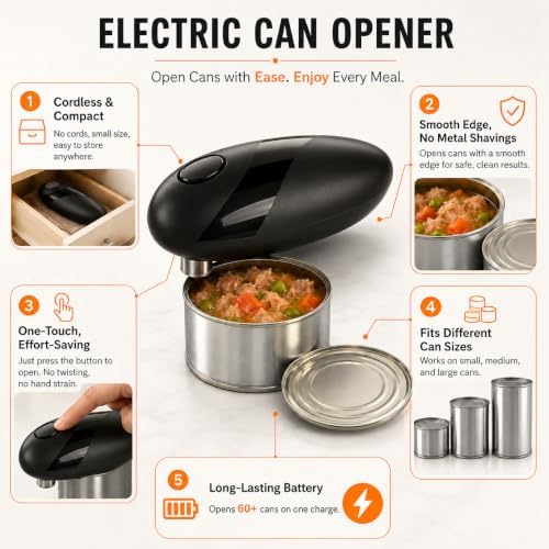Battery Electric Can Opener, One-Touch,Hands-Free,Smooth