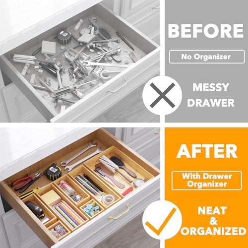 SpaceAid 7-Piece Bamboo Drawer Organizer Storage Boxes Set, Wood Tray
