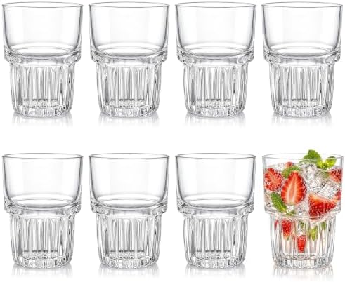 DEAYOU 8 Pack Drinking Glasses Set, 11 OZ Clear Striped Iced Tea Water
