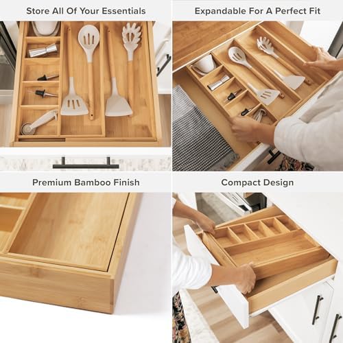 KitchenEdge Utensil & Junk Drawer Organizer | Natural Bamboo, 10.5-19