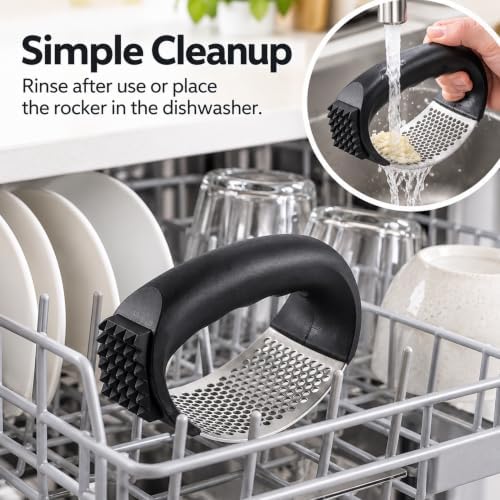 Garlic Press Rocker, 304 Stainless Steel Crusher Set, 3-Piece,Black