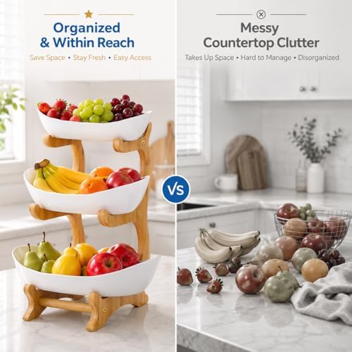 3-Tier Fruit Bowl Basket for Kitchen Countertop, Plastic Tiered Fruit
