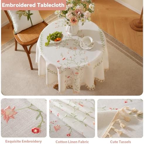 Laolitou Pink Floral Embroidery 55" Round Tablecloth with Tassels