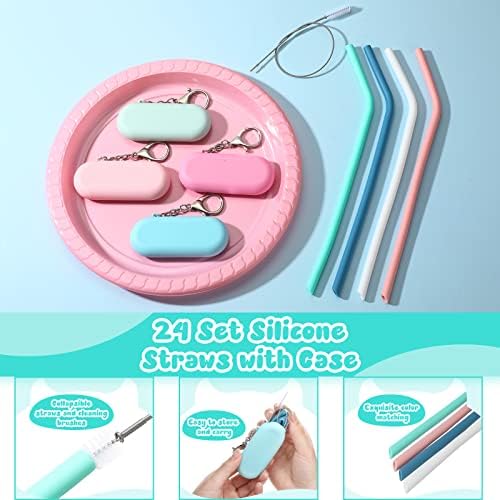 Zubebe 24 Set Silicone Straws with Case Foldable for Travel 4 Colors