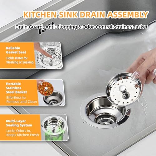 Kitchen Sink Drain Assembly, 3-1/2 Inch Basket Strainer