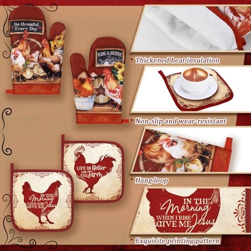 Fourluoo 10 Pcs Red Rooster Kitchen Set Towels Oven Mitts Pot Holders