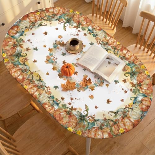 Horaldaily Fall Fitted Tablecloth for 64x44 Inch Oval,Pumpkin Leaves