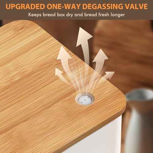 RYTOXILO White Bread Box for Kitchen Countertop, Metal Breadbox with One-Way Degassing Valve Bamboo Lid, Bread Storage Boxes Container for Homemade Bread, Sourdough Food Cutting Board