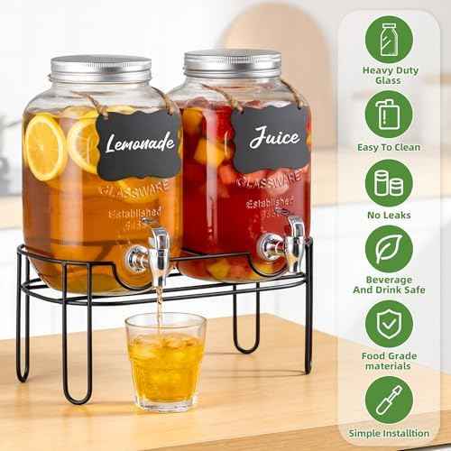 1 Gallon Glass Drink Dispensers For Parties, 2 Pack Beverage