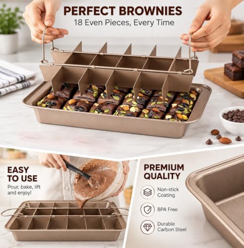 Brownie Pan with Dividers, Non-Stick Backing Pan, 18 Pre-slice All