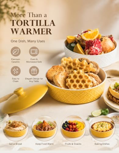 Large Tortilla Warmers with Lid 8.8 Inch, Embossed Ceramic Tortilla