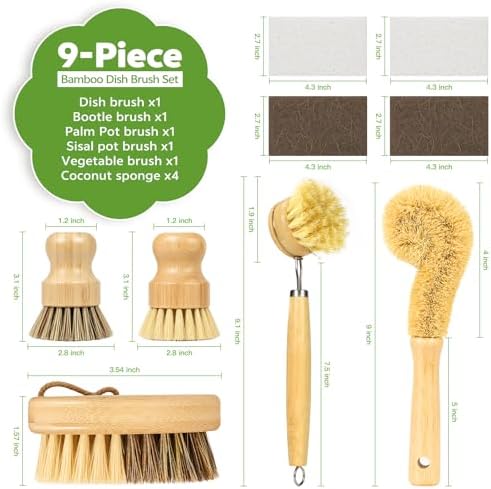 GREENTH PRO 9-Piece Bamboo Dish Brush Set with Natural Coconut Sponges