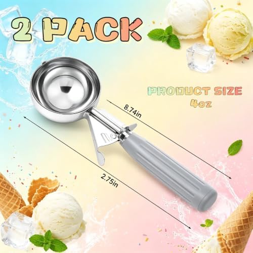 2 Pcs Cookie Scoop Ice Cream Scoop with Trigger Release 4 oz Stainless