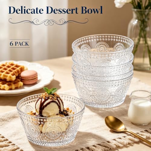 6 Pack Small Glass Bowls Set, 12 Oz Embossed Prep Dessert Bowls