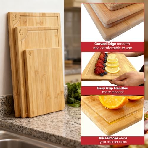Large Bamboo Cutting Board 3 Piece Set with Juice Groove & Handle