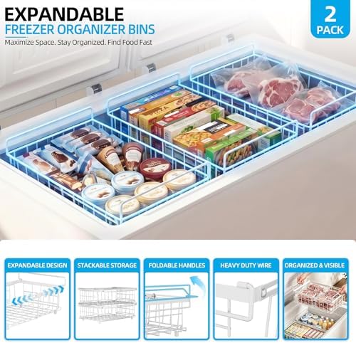 2 Pack Expandable Freezer Organizer Bins, Stackable Chest Freezer