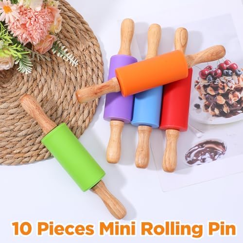 10 Pcs 9 Inch Mini Rolling Pin for Kids, Silicone Wooden Non-Stick
