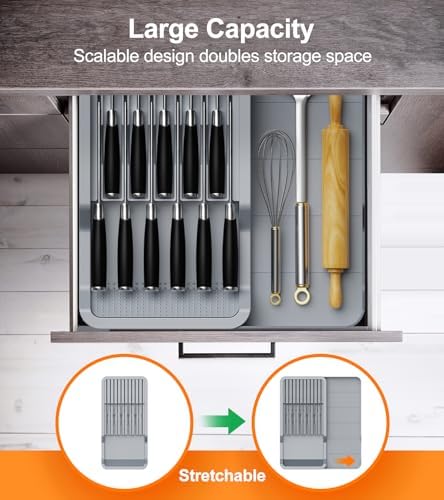 Kitchen Knife Drawer Organizer Grey, In Drawer Knife Block Holder with