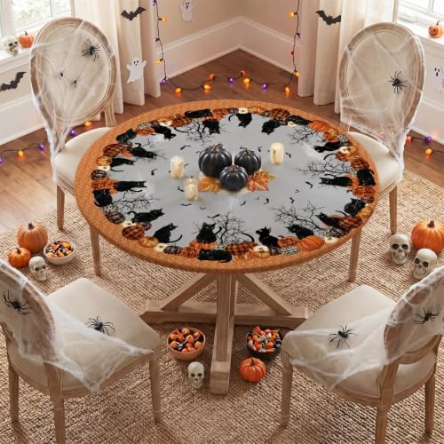 Horaldaily Halloween Fitted Tablecloth for 45"-56" Round,Cat Moon Bat