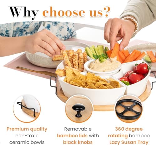 Chip and Dip Serving Set | Rotating Bamboo Lazy Susan Appetizer Tray with Black Handles | White Ceramic Bowls with Bamboo Lids | Divided Round Party Platter | Giftable