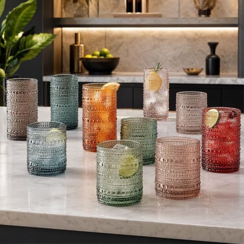 Khen Hobnail Beaded Highball Drinking Tumbler Glasses | Set of 12