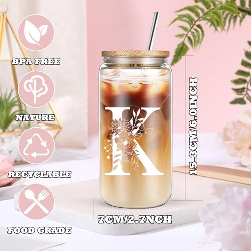 Unique Initial Glass Cup with Lids and Straws, Monogrammed Gifts Box