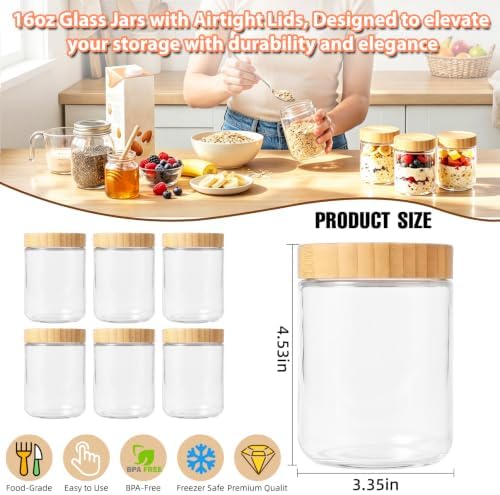 16 oz Leakproof Glass Overnight Oats Jars with Bamboo Lids