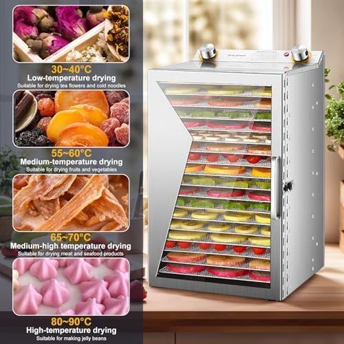 Food Dehydrator Machine, 18 Stainless Steel Trays, 24H Timer