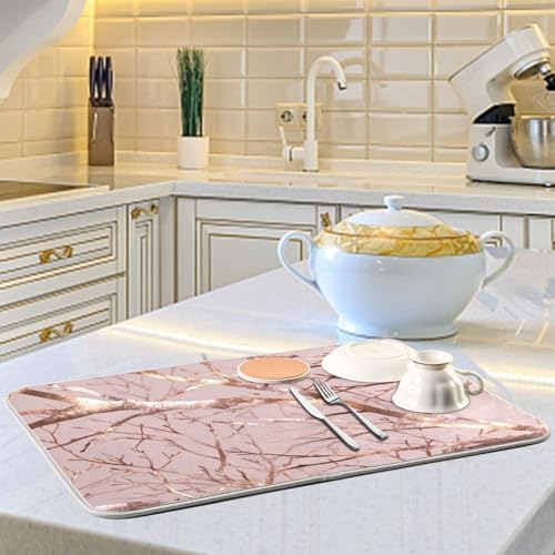 OTVEE Blush Branch Art Dish Drying Mat for Kitchen Counter Absorbent