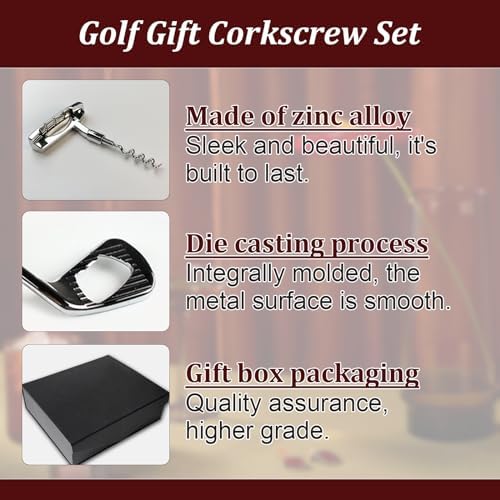 Golf Club Bottle Opener Set of 3, Zinc Alloy Wine Corkscrew & Stopper