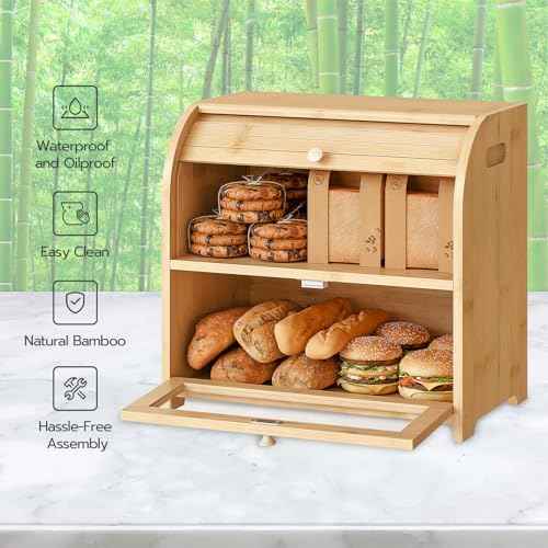 HOOBRO Bread Box, Bamboo Bread Box for Kitchen Countertop, 2 Tier Roll-Top Bread Bin, Food Storage Box, Large Capacity Keeper, Wooden Storage Cabinet, for Kitchen, Dining Room, Natural YL13MB01