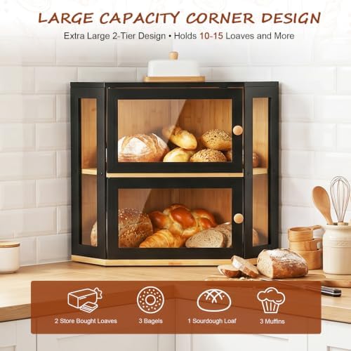 Black Corner Bread Box for Kitchen Countertop, Extra Large Bamboo Storage Breadbox, 2 Tier Modern Bread Bin Container for Homemade Bread with Acrylic Door Panel, Kitchen Organization