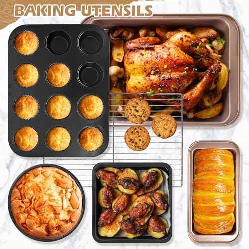 26pcs Nonstick Baking Pans Set Carbon Steel, Muffin Pan with Silicone Cups, Cooling Rack, Round & Square Cake Pans, Measuring Cups & Spoons, Bakeware Sets for Beginners, Renters & Home Bakers