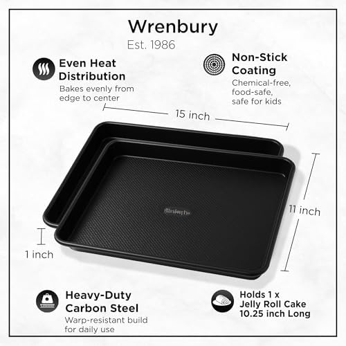 Wrenbury Jelly Roll Pan 15x10 Set of 2 - Non-Stick Baking Sheet Food