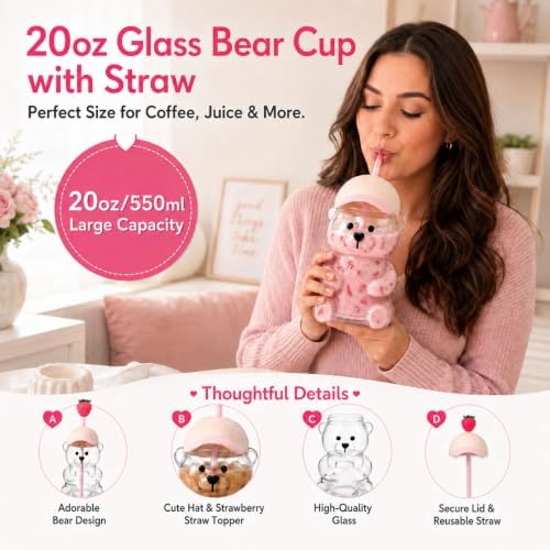 Glass Bear Cup with Straw & Lid, 20oz for Coffee & Shakes