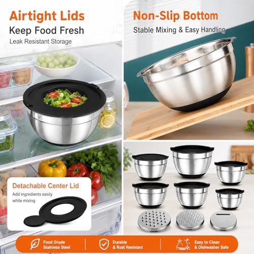 Stainless Steel Mixing Bowls with Lids Set,9PCS Metal Nesting Bowls