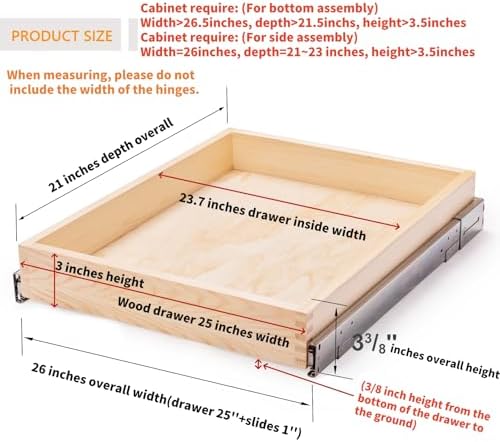 Mulush 26''W x 21''D x 3''H Pull Out Cabinet Drawer Soft Close Slide Out Wood Organizer for Kitchen, Finished, Bottom and Side Assembly (Wood Drawer Part Width is 25inch)