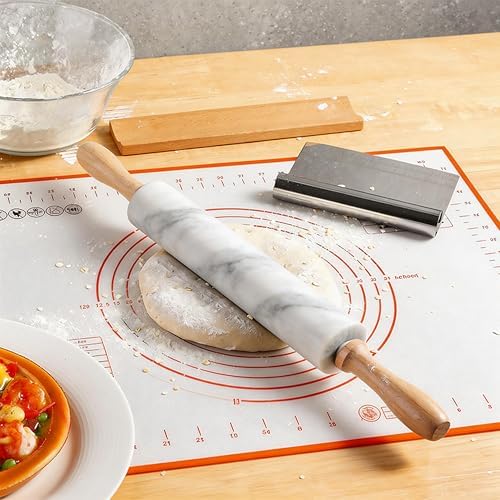 Marble Rolling Pin with Non-Stick Silicone Mat & Wood Base, 16.9-Inch