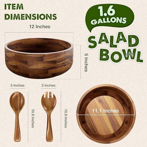 Tidita 12" Salad Bowl Set with Serving Utensils, Solid Wood, Generous
