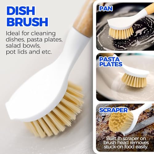 Holikme 5 Pack Bamboo Dish Brush with Handle 14" Bottle Brush Straw