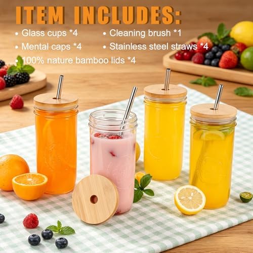 Magicsky 24 oz Glass Cups Iced Coffee Mason Jar Tumbler with Lids and
