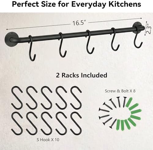 Black Steel-made Kitchen Utensil Rack Organizer Wall-mounted Pot Pan Wall Hanger Holder For Hanging Rail with 10 S Hooks