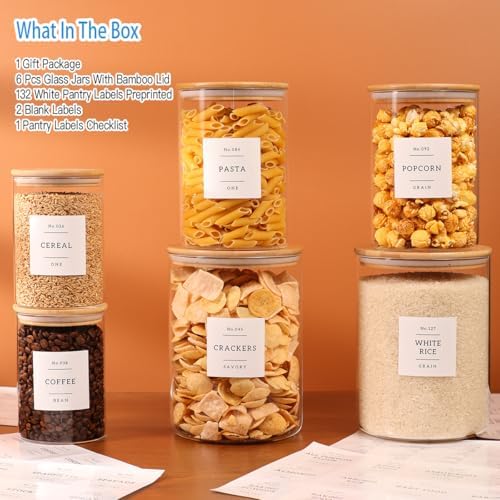 6-Pack Borosilicate Glass Storage Jars with Bamboo Lids + 132